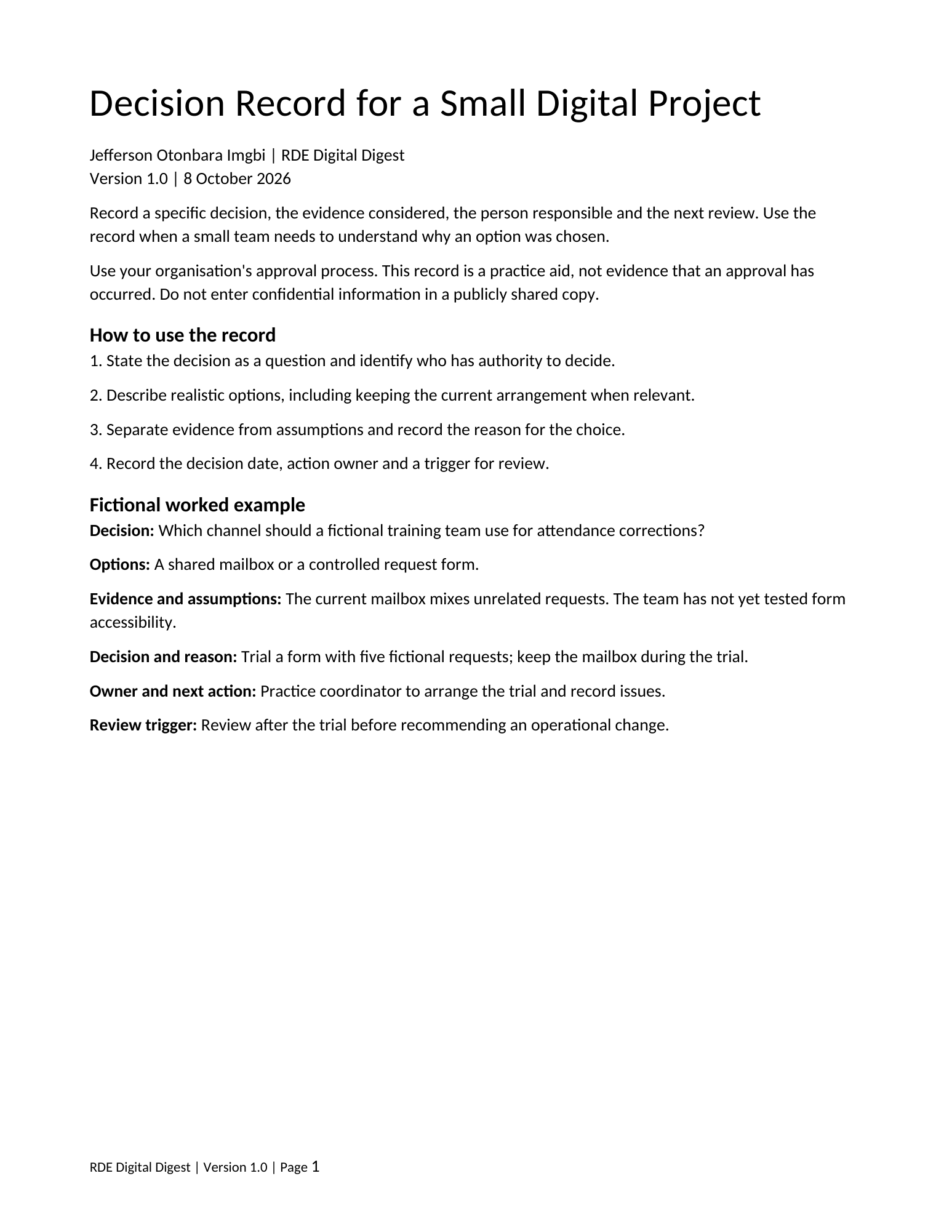 First page preview of Decision Record for a Small Digital Project