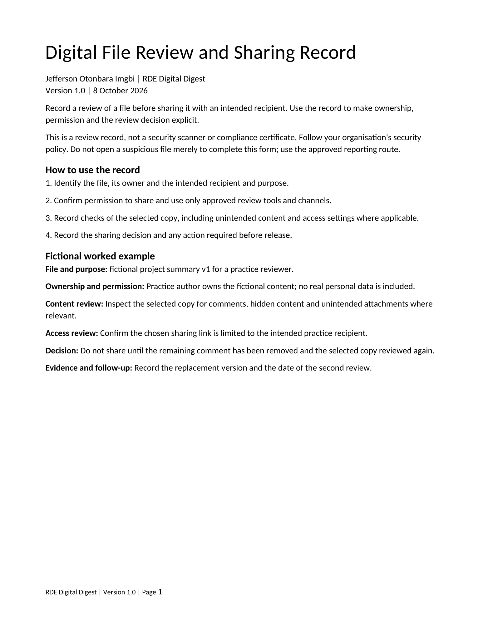 First page preview of Digital File Review and Sharing Record